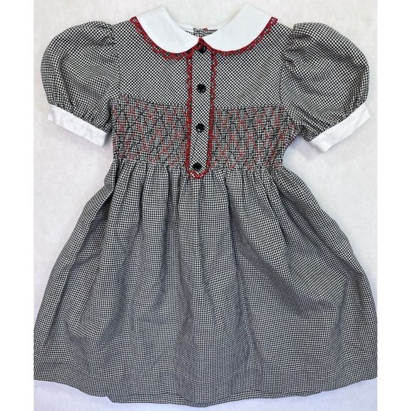 Baby Togs Smocked Dress Black Check Red Trim Girls 5 Puff Sleeve - Picture 1 of 9